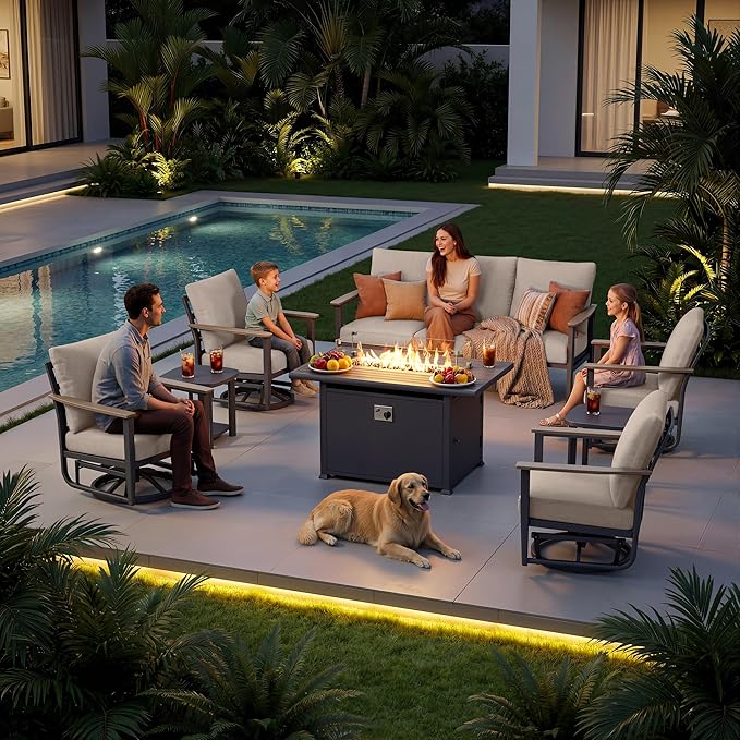 7-Seat Outdoor Patio Furniture Set with Rocking Swivel Chairs, Aluminum Sectional Sofa Patio Conversation Set with 55,000 BTU Fire Pit Table & High Backrest & Thickened Cushions, Sand