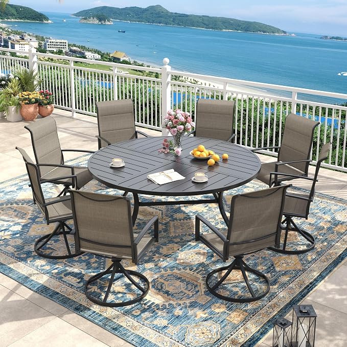 Outdoor Dining Set for 8, 60.1" Outdoor Dining Table with Umbrella Hole and Padded Textilene Patio Swivel Chairs, 9 Pieces Patio Table and Chairs Set for Garden Backyard, Mixed Brown and Black