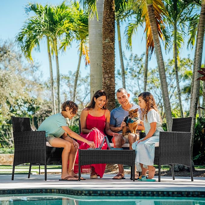 Nestl Wicker Patio Furniture - 4 Piece Outdoor Set with 2 Chairs, Loveseat, Glass Top Coffee Table, Perfect for Backyard, Pool or Front Porch (Black/Beige)