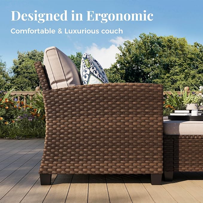 MIXPATIO Patio Furniture Set, 7 Pcs Wicker Outdoor Conversation Set, 2 x Leg Chairs, 1 x 3 Seater Sofa, 1 x 2-Seat Lover Sofa and 2 x Ottomans with 4" Thick Cushion and 56" Fire Pit Table, Beige