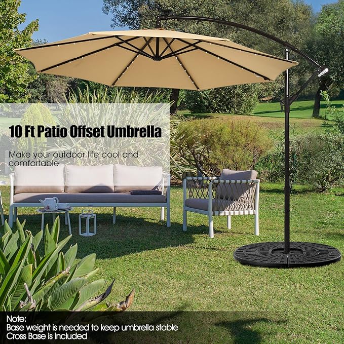Tangkula 10 Ft Patio Offset Umbrella, 40 LED Lighted Market Umbrella W/8 Sturdy Ribs, Easy Tilt Adjustment & Crank, Polyester Shade, Ideal for Backyard, Garden, Seaside, Store, Pool (Beige)
