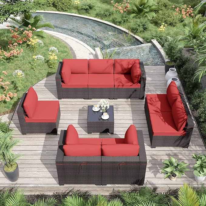 ALAULM 9 Pieces Patio Furniture Set Wicker Patio Conversation Set with 4 Corner Sofas, Outdoor Sectional Furniture w/Coffee Table & Washable Seat Cushions-Red