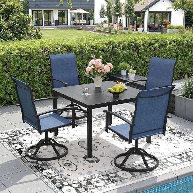 DIFY 5 Pieces Outdoor Dining Set, Metal Patio Table and Chairs Set for 4 with Umbrella Hole, 40.2" Black Square Table and Blue Textilene Swivel Patio Chairs for Garden, Backyard, Poolside