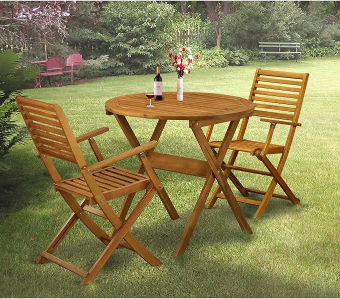 East West Furniture MNBS3CANA 3 Piece Outdoor Conversation Bistro Set Contains a Round Acacia Wood Coffee Table and 2 Folding Arm Chairs, 30x30 Inch, Natural Oil