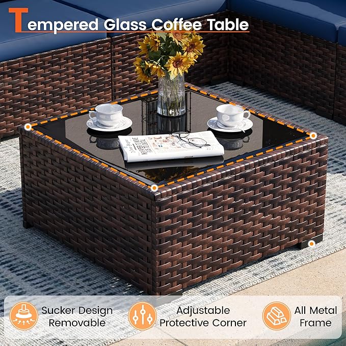 Patio Furniture Set, 7-Piece Outdoor Sectional Rattan Sofa Set with Coffee Table (Navy Blue Cushions with Brown Rattan)