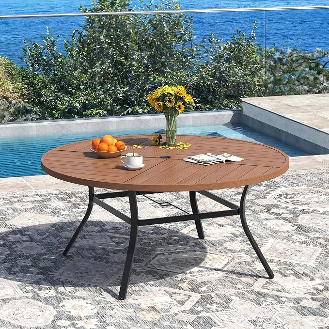 DIFY 9 Piece Outdoor Dining Set for 8, 53.1" Walnut Round Metal Dining Table with Umbrella Hole and Stackable Wicker Patio Chairs, All-Weather Patio Table and Chairs Set for Deck Garden Backyard