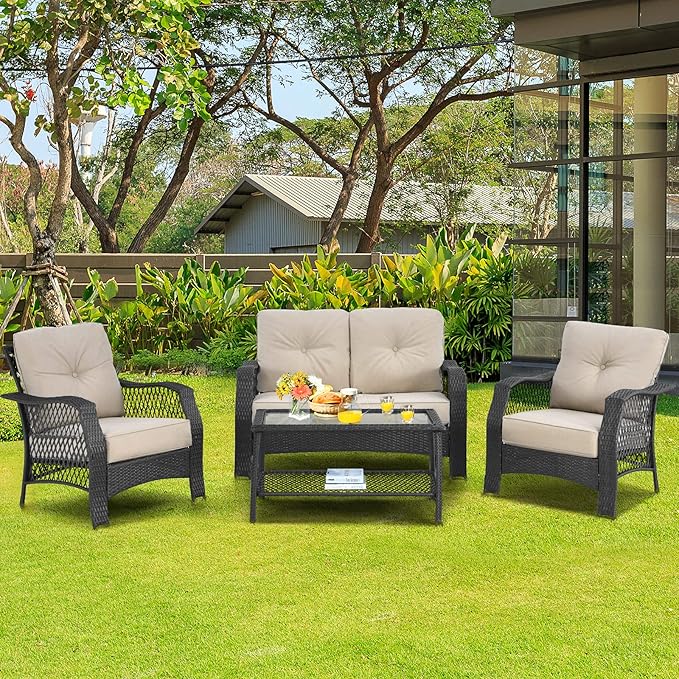 Tangkula 4 Pieces Outdoor Patio Furniture Set, Patiojoy PE Wicker Conversation Sofa Set with Tempered Glass Coffee Table, Sectional Rattan Patio Sofa Set for Garden, Backyard, Poolside (Beige)