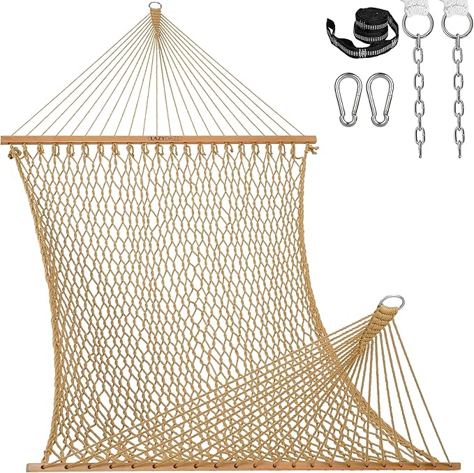 Lazy Daze Hammocks 13-FT Polyester Rope Hammock, Double 2 Person Traditional Hand Woven Outdoor Hammock with Spreader Bar, Carabiners, Tree Straps, Chains for Outside Patio- Max 450 Lbs, Tan