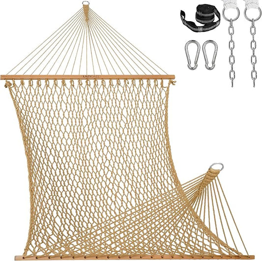 Lazy Daze Hammocks 13-FT Polyester Rope Hammock, Double 2 Person Traditional Hand Woven Outdoor Hammock with Spreader Bar, Carabiners, Tree Straps, Chains for Outside Patio- Max 450 Lbs, Tan