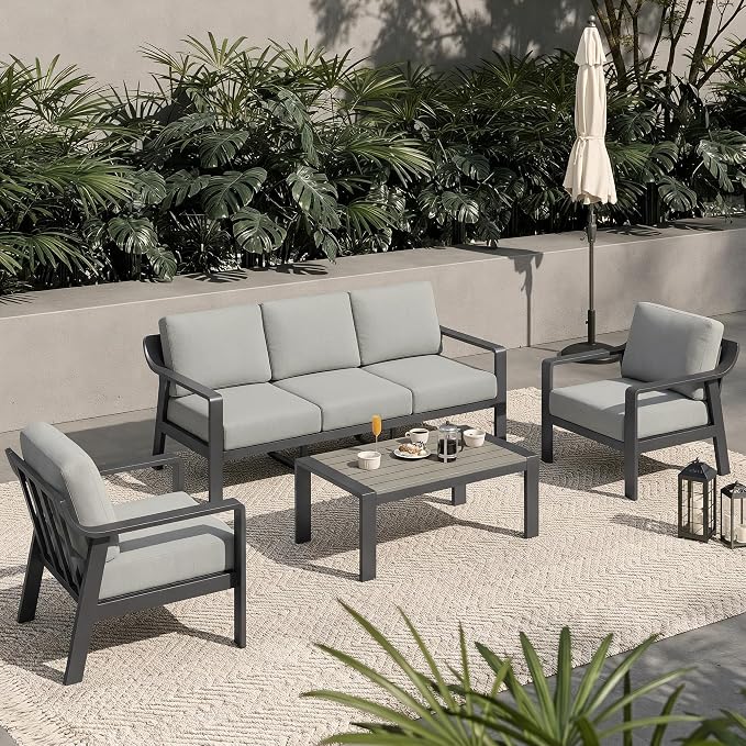 KISLOT Aluminum Outdoor Patio Furniture Set with Coffee Table,5 Seater Patio Conversation Sets with Washable Thick Cushions,Outdoor Sectional Furniture Set for Poolside, Balcony,Gray Aluminum Frame