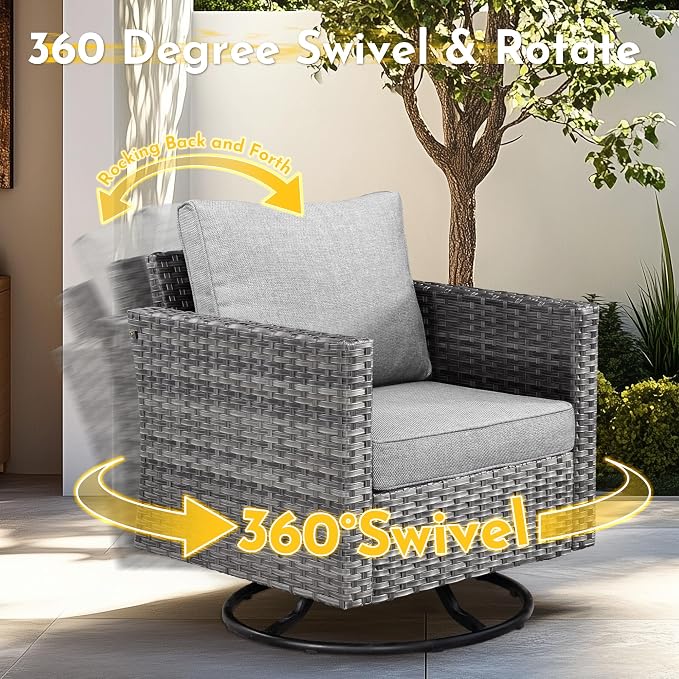 Weaxty 11 Piece Patio Furniture Set with Fire Pit Table, Outdoor Sectional Couch Swivel Rocker Patio Chairs with Coffee Table Wicker Conversation Sets for Balcony Backyard, Dark Gray