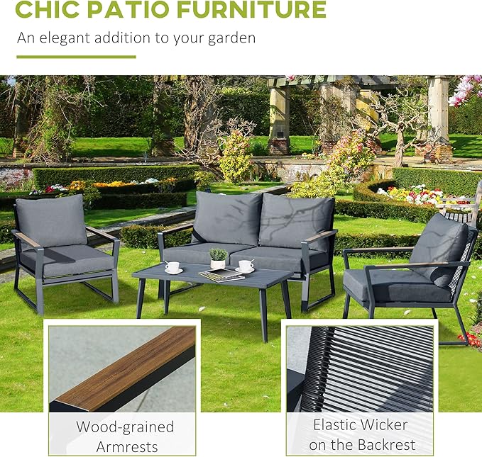 Outsunny 4 Piece Patio Furniture Set, Aluminum Conversation Set, Outdoor Garden Sofa Set with Armchairs, Loveseat, Center Coffee Table and Cushions, Dark Grey
