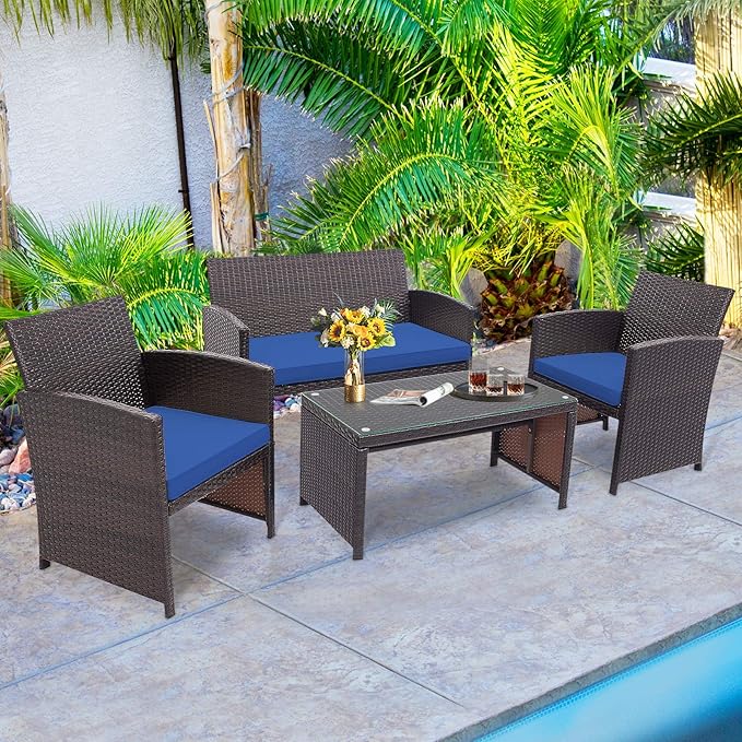 HAPPYGRILL Set of 4 Rattan Conversation Set Outdoor Wicker Furniture Set with Tempered Glass Coffee Table, Soft Cushions, Weather-Resistant Rattan Chair Set for Garden Backyard Poolside