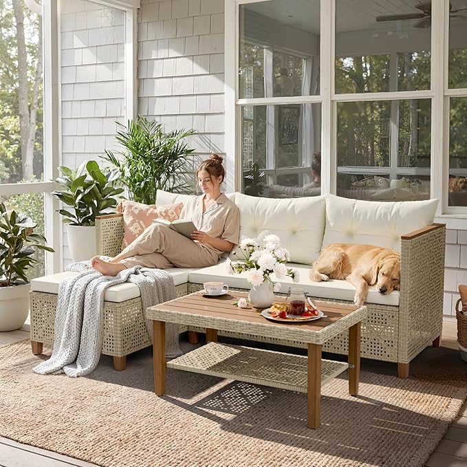Greesum All-Weather Modular Rattan Sofa Set - Hand-Woven PE Wicker, L-Shaped Patio Couch with Cushions & Coffee Table for Indoor/Outdoor Use