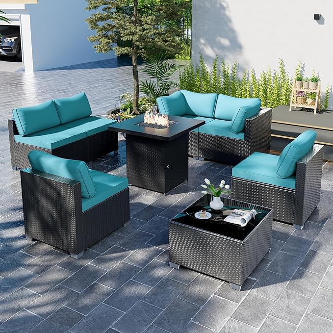 8-Piece Outdoor Patio Sectional Sofa Set with Fire Pit Table – PE Wicker Rattan Modular Conversation Furniture, Cushions & Clips Included – Patio Couch for Porch, Backyard, Poolside, Garden
