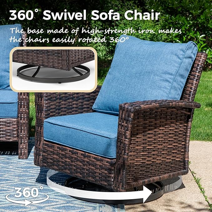 Swivel Patio Wicker Chairs Set of 2, High Back Outdoor Swivel Patio Rattan Chairs with 5.5" Thick Cushions for Bistro Balcony Porch Deck and Yard, Navy Blue