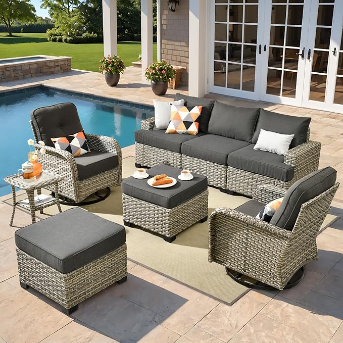 8 Pcs Outdoor Sectional Patio Furniture Set with Swivel Rocking Chair and Ottomans - All Weather Wicker Outside Sectional Couch,Patio Seating Outdoor Conversation Sets for Deck Yard Garden,Black
