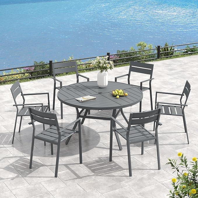 VICLLAX 50" Round Outdoor Table, Patio Dining Table for 6 with Umbrella Hole for Garden Lawn Deck Backyard, Dark Grey