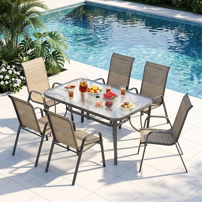 Arlopu 7-Piece Outdoor Table and Chairs for 6, Outdoor Dining Set W/Rectangle Glass Table and 6 Patio Textilene Stackable Chairs, Patio Furniture Set W/Umbrella Hole (Grey Table & Brown Chair)