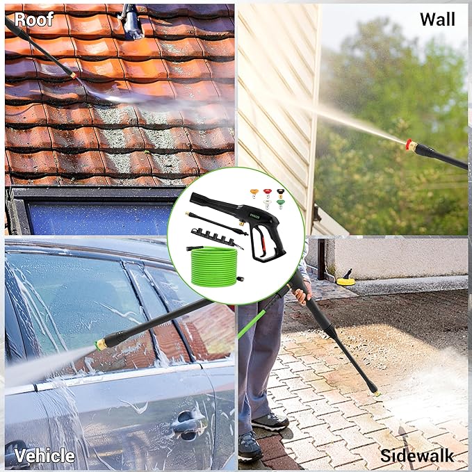 PWACCS Pressure Washer Hose and Gun, 50 FT Power Washer Hose with Extension Wand Kit, 5 Nozzle Tips, M22-14 Fitting, Compatible with Ryobi, Green Works & Karcher