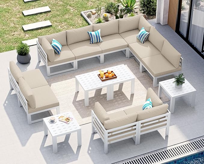 NICESOUL 14 Piece XL Aluminum Patio Sectional Furniture Set with Side Table, 500 lbs Heavy Duty Anti-Rust Outdoor Couch, 29" Extra Deep Wide Seating, High End Conversation Sofa for Poolside, Beige