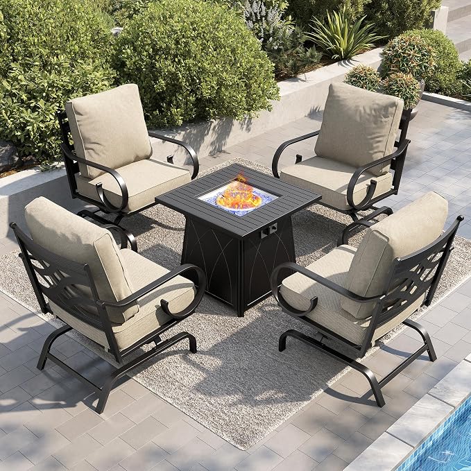 PHI VILLA Patio Furniture Set, 4 Rocking Chairs and a 28" Square Fire Pit Table, Outdoor Metal Conversation Set with 5.75" Extra Thick Cushion for Garden Backyard Deck, Beige