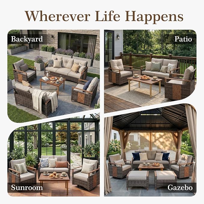 NestNook 4 Pieces Patio Furniture Set, Outdoor All-Weather Handwoven PE Wicker Swivel Chairs, Conversation Set with Coffee Table, Loveseat & Thick Cushion for Backyard, Deck & Poolside, Beige