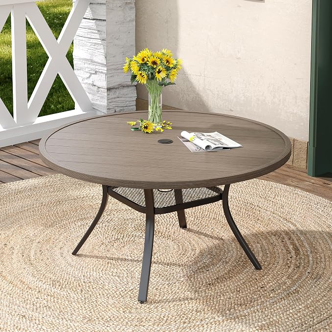 DIFY 48" Round Patio Dining Table for 6, Outdoor Metal Dining Table with 1.57" Umbrella Hole for Backyard Lawn Garden, Grey Wood-Like