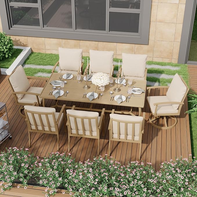 HAPPATIO Aluminum 9 Piece Patio Dining Sets, Outdoor Dining Set for 8, Patio Furniture Sets, 2 Swivel Dining Chairs, 6 Dining Chairs, Aluminum Furniture Set for Patio, Yard (Beige)