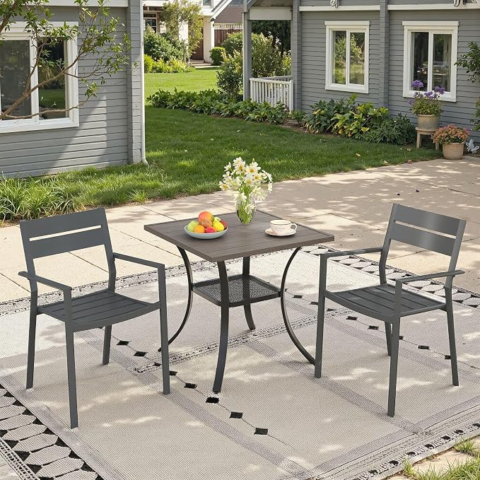 Small Patio Dining Set for 2, 27.5" Square Outdoor Dining Table and Chairs Set with Stackable Patio Chairs Outdoor Furniture for Garden Deck Backyard, Grey Table and Grey Chairs