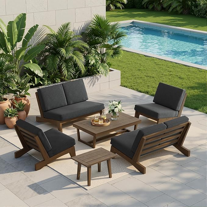 UIXE 8 Pieces All Weather Wood Patio Furniture Sets, 2 Patio Loveseat, 4 Patio Bistro Chair, Outdoor Sectional Sofa Furniture Backyard Conversation Set with Coffee Table - Dark Gray