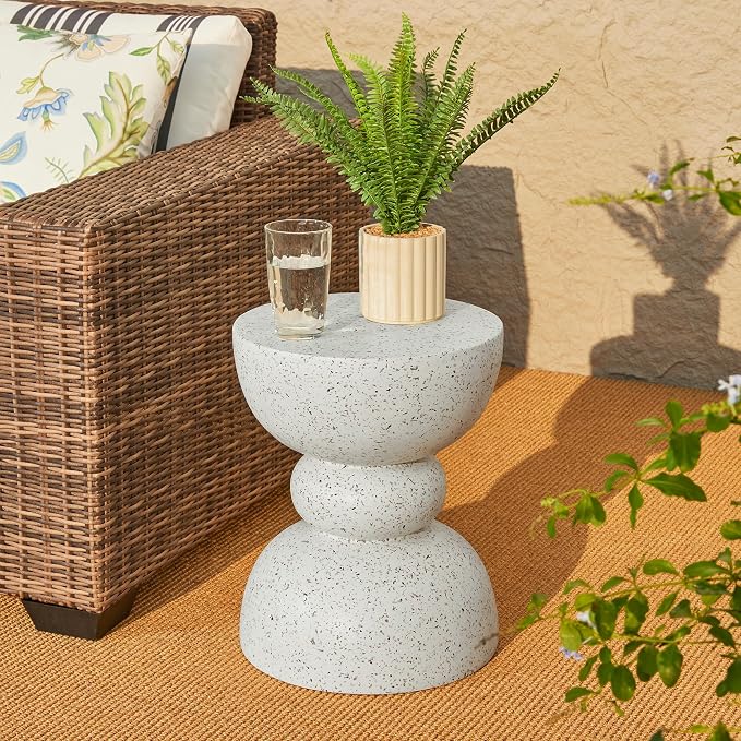 Glitzhome Outdoor Side Table, Round Small End Table with White Terrazzo Finish MGO Garden Stool, Set of 2 Lightweight Decorative Accent Table for Living Room Planter Stand Patio Backyard Pool Porch