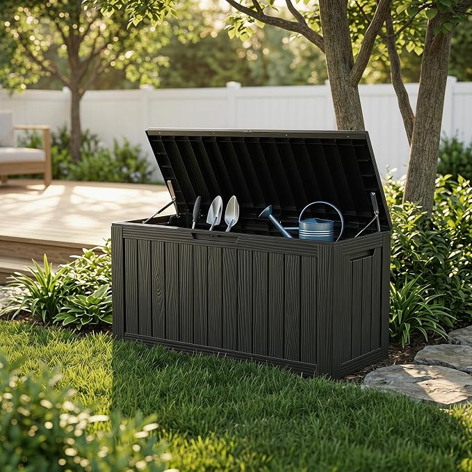 182 Gallon Outdoor Deck Storage Box, Large Waterproof Resin Patio Storage Box, Lockable Bench Seat Holds 2 Adults, for Garden Tools, Cushions & Pool Floats, UV & Rust Resistant, Black