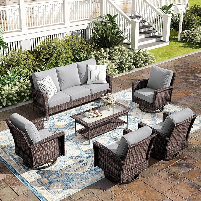 6-Piece Wicker Patio Furniture Set with Swivel Chairs, High Back Outdoor Sofa with 5.5-inch Thick Cushion, All-Weather Wicker Patio Conversation Set for Deck Yard Pool, Grey