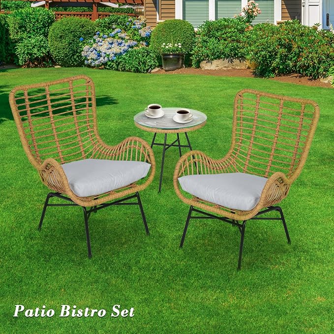 Athena Collection Patio Bistro Sets, 3 Piece All Weather Furniture Set Outdoor Conversation Set Glass Table and Rattan Chairs Set with Soft Cushions for Garden, Poolside, Backyard, Gray