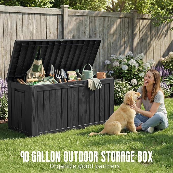 DRATO 90 Gallon Deck Boxes Outdoor Waterproof, Lockable Outside Storage Box with Wheels for Patio Furniture Pool Supplies Garden Tools, Weatherproof Resin Storage Box for Backyard (Black, 90 Gallon)