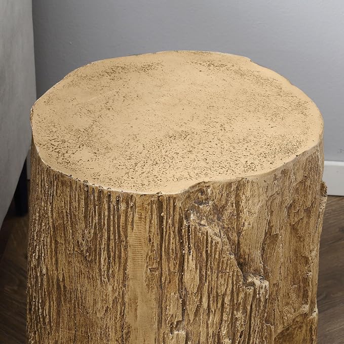 HOMCOM Tree Stump Stool, Decorative Side Table with Round Tabletop, Concrete End Table with Wood Grain Finish for Indoors and Outdoors, Natural