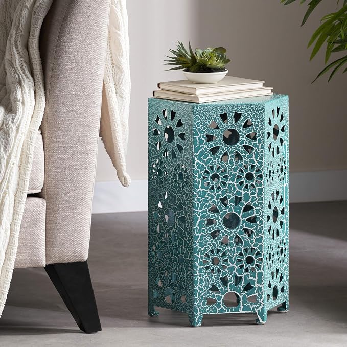 12" Outdoor Side Table, Metal Side Table, Multi Functional Decorative Cutout, Coffee Table, Night Stand, Plant Stand for Patio, Garden, Backyard, Gazebo Indoor (Teal)