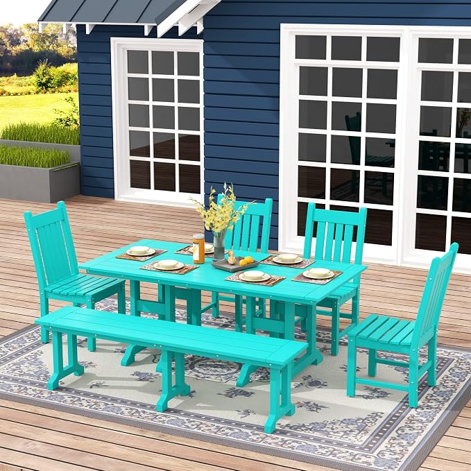 WO Home Furniture Adirondack Patio Dining Chair Table Bench Set of 6 PCS Rectangle Dinner Table Dining Armless Chairs (Turquoise)