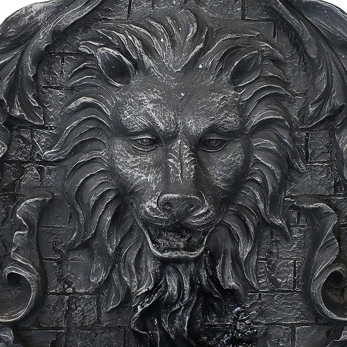 Sunnydaze Stoic Courage Lion Head 30-Inch Polystone Solar Wall Water Fountain with Battery Backup