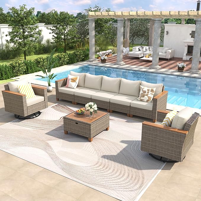 Outdoor Patio Sectional Furniture Set, 8-Piece Wicker Rattan Sofa Set with Thick Cushion, Patio Swivel Rocking Chairs Set of 2 with Acacia Storage Table, Conversation Set for Backyard (Beige+Brown/36)