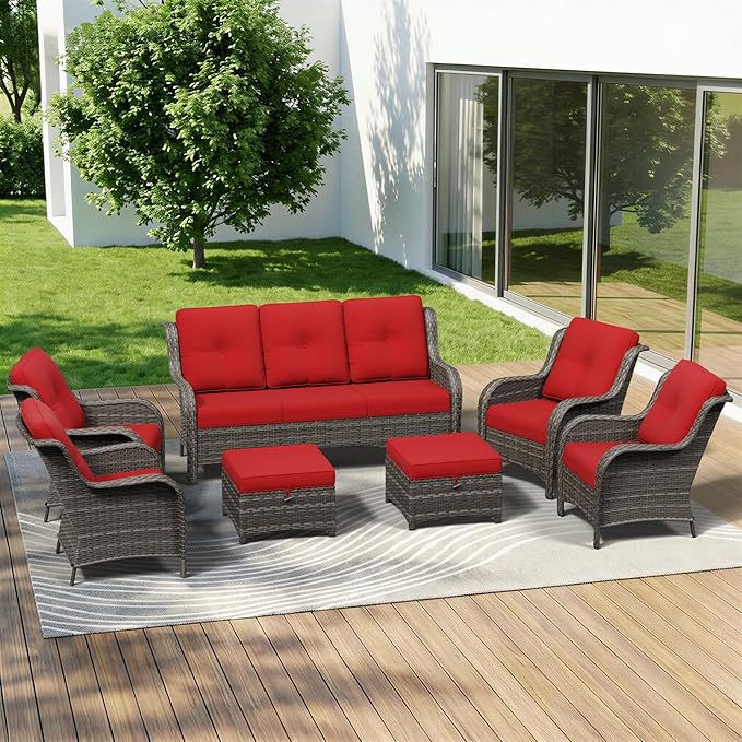 7 Piece Outdoor Wicker Patio Furniture Set, Patio Chairs Set with Thickened Olefin Cushions, High Back and Deep Seating, Hand-Woven PE Rattan, Ottoman for Porch, Deck