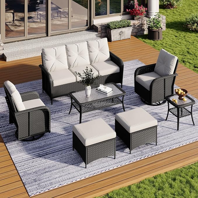 Aoxun 7-Piece Patio Furniture Set with Thick Cushions, Wicker Rattan Outdoor Sectional Sofa with High Back Swivel Rocker Chairs, Outdoor Patio Furniture Set with Coffee Table & Ottoman, Beige