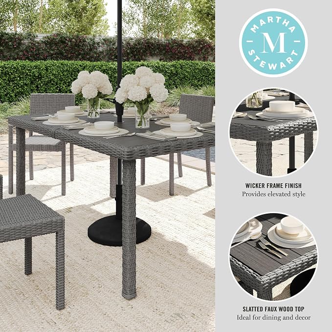 Martha Stewart Bedford 62" Indoor-Outdoor Patio Table with Faux Wood Top and Rattan Wicker Finish in Gray