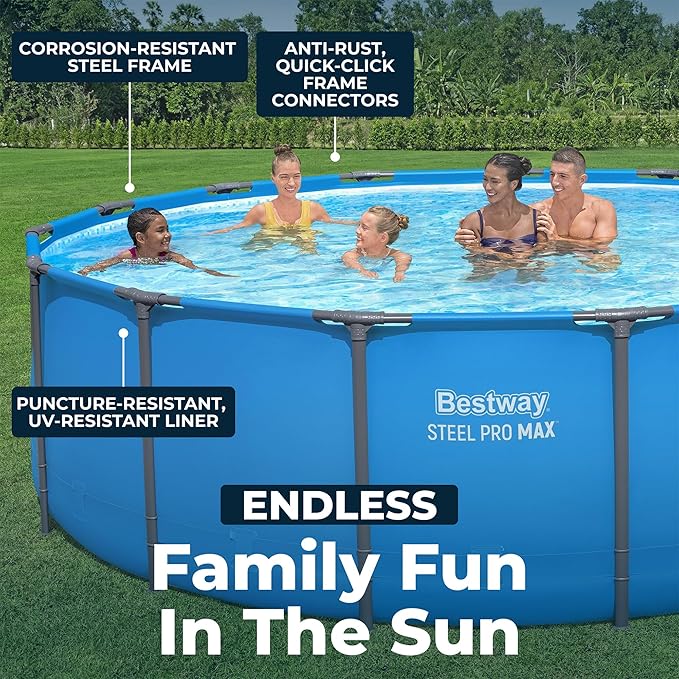 Bestway 2 Pack Steel Pro MAX Above-Ground Swimming Pool, 15' x 48" Round Metal Steel Frame Backyard Family Pool, Blue, Pool ONLY