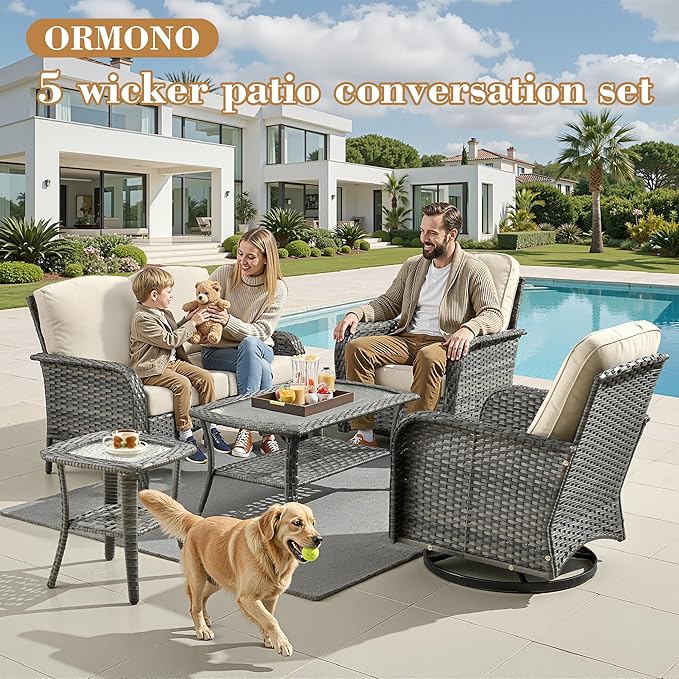 5 Pieces Patio Furniture Set, All Weather Rattan Patio Conversation Sets with Swivel Rocking Chairs, Coffee Table, High Back Outdoor Furniture Loveseat for Porch, Backyard,Beige