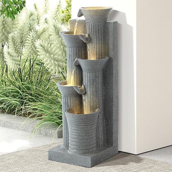 Grepatio Garden Water Fountain, 5 Tier Outdoor Cascading Waterfalls Fountains with LED Lights and Pump Indoor Modern 24" H Floor Standing Water Fountain for Garden, Patio, House Decor (Light Grey)