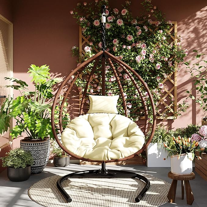 Folding Egg Chair, Outdoor Hanging Hammock Chair with Stand, Patio Wicker Hanging Chair with Iron Frame and Plush Cushion & Removable Headrest for Bedroom, Balcony, Garden (BrownBeige-A)