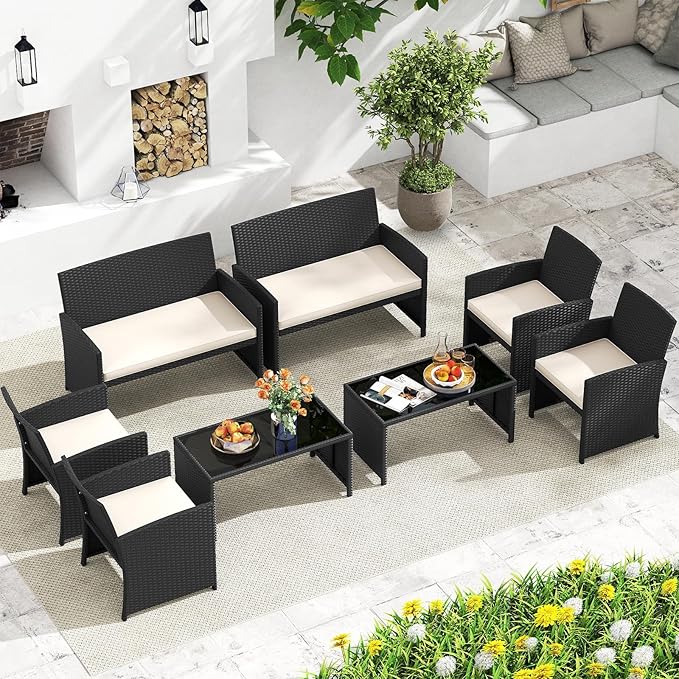 HAPPYGRILL 4 Piece Rattan Wicker Patio Conversation Set, Outdoor Furniture with Chair Loveseat Table & Cushion, for Backyard Porch Balcony (2, Black & Off White)
