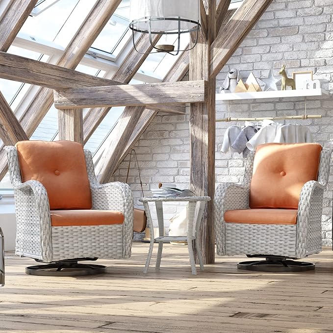 Joyside Outdoor Rocker Swivel Patio Chairs Set of 4 with 2 Matching Side Tables - 6 Pieces Patio Wicker Conversation Set with Premium & Soft Fabric Cushions(Light Grey/Orange)